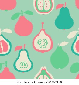 Abstract colorful fruits seamless pattern: pear, pomelo and quince. Hand drawn brush grunge exotic fruit background.