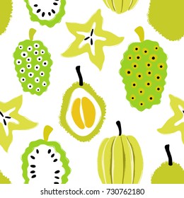 Abstract colorful fruits seamless pattern: durian, carambola and noni. Hand drawn brush grunge exotic fruit background.