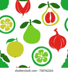 Abstract colorful fruits seamless pattern: pomelo, bergamot, orange and guarana. Hand drawn brush grunge exotic fruit background.