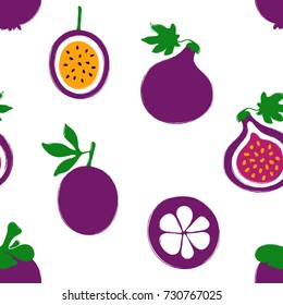 Abstract colorful fruits seamless pattern: mangosteen, fig and passion fruit. Hand drawn brush grunge exotic fruit background.