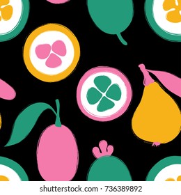 Abstract colorful fruits seamless pattern: kumquat, loquat and feijoa. Hand drawn brush grunge exotic asian fruit background.