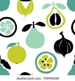 Abstract colorful fruits seamless pattern: pomelo, bergamot, orange and guarana. Hand drawn brush grunge exotic fruit background.