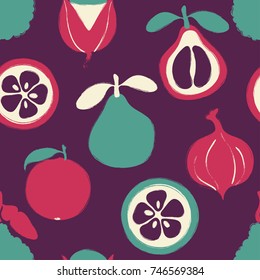Abstract colorful fruits seamless pattern: pomelo, bergamot, orange and guarana. Hand drawn brush grunge exotic fruit background.