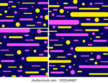 Abstract colorful funky background design. Creative comic dark blue wallpaper with bright pop art yellow and violet icons. Geometric brochure vector illustration
