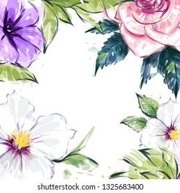 Abstract colorful garden flowers square frame with center space for text. Vector watercolor illustration.