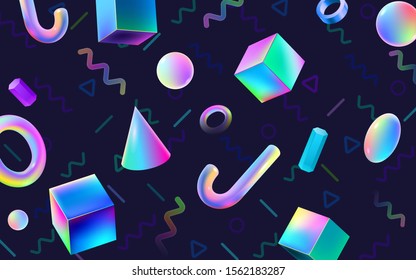 Abstract colorful geometric 3D blocks. Holographic gradients VR polygonal shapes, cyberspace art and futuristic 80s memphis poster. Abstraction banner, geometry forms vector background