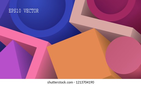 Abstract Colorful Geometric 3d Objects. Modern Background Design. Aspect Ratio 16:9. EPS 10 Vector.