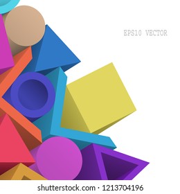 Abstract Colorful Geometric 3d Objects on White Background. Modern Cover Design. EPS 10 Vector.