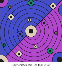 Abstract colorful Geometric background with colored circles and spiral line. Illusion Geometric poster in trendy asian swiss style. Weird vector illustration. EPS 10
