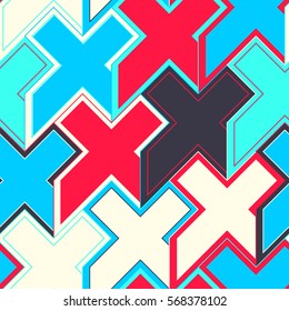 Abstract colorful geometric background with diagonal structure of stylized X marks. Repeating texture in trendy blue, red and white colors, perfect for fabric and wallpapers. Vector seamless pattern.