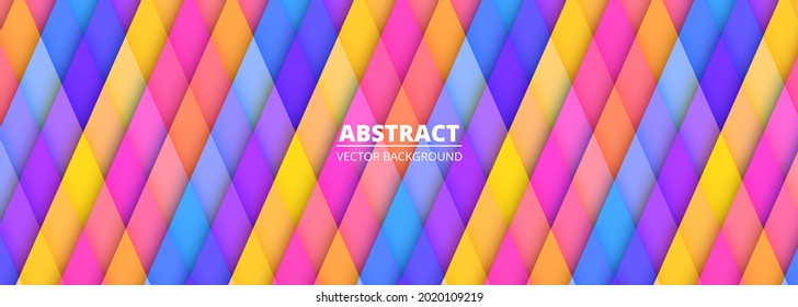 Abstract colorful geometric background. Multicolor wide horizontal banner template. Rhombus geometric background in bright rainbow colors. Vector illustration.