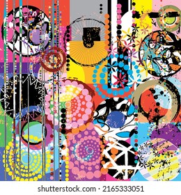 abstract colorful geometric background pattern, with circles, dots, ornaments, paint strokes and splashes