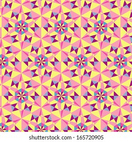 Abstract colorful geometric background. Vector illustration for retro design. Seamless pattern of shapes. Mosaic banner. Hipster star background. Pink, purple, blue and yellow colors. 