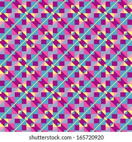 Abstract colorful geometric background. Vector illustration for retro design. Seamless pattern of shapes. Mosaic banner. Hipster striped background. Pink, purple, blue and yellow colors.