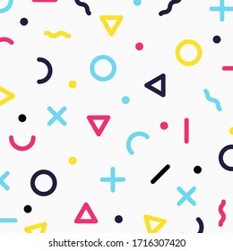 Abstract colorful geometric border pattern circle, dot, triangle line, cross shape on white background. Vector illustration