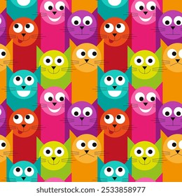 Abstract colorful geometric cats with various face expressions seamless pattern. Vector illustration