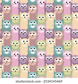 Abstract colorful geometric cats with various face expressions seamless pattern. Vector illustration