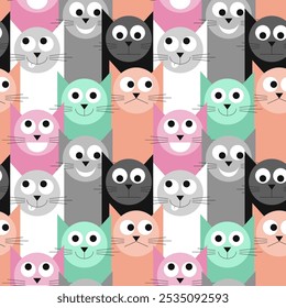 Abstract colorful geometric cats with various face expressions seamless pattern. Vector illustration