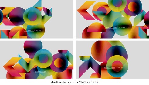 Abstract colorful geometric designs. Overlapping circles, triangles create vibrant backgrounds. Modern aesthetic, smooth gradients present.