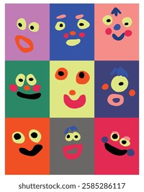 Abstract Colorful Geometric Faces Vector Illustration with Playful Expressions