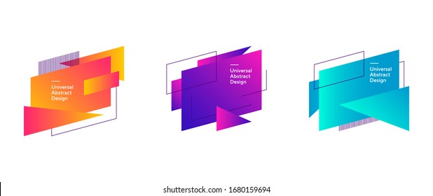 Abstract colorful geometric forms composition. Regular forms, dynamical shapes, outlines, text sample. Trendy futuristic design for cover, print, wallpapers