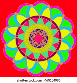 Abstract colorful geometric fractal mandala on red background.