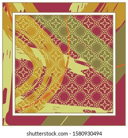 Abstract colorful geometric, grunge background. Contemporary modern art for silk scarf, hijab shawl design. Digital brushstrokes, painted texture for textile fabric, paper print. Fashion illustration