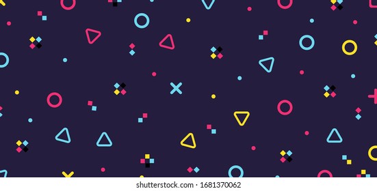 Abstract colorful geometric hipster pattern elements on purple background retro 80's. Vector illustration