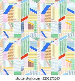 Abstract colorful geometric line doodle seamless pattern. Creative minimalist style art background for children or trendy design with fun geometry shapes. Simple childish scribble print.