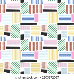 Abstract colorful geometric line doodle seamless pattern. Creative minimalist style art background for children or trendy design with fun geometry collage. Simple childish scribble print.