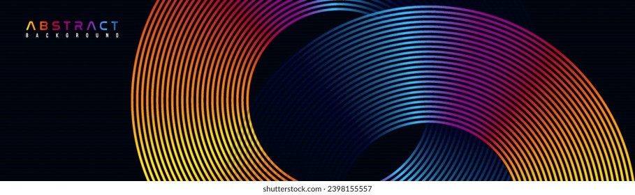 Abstract colorful geometric lines on dark blue background. Modern shiny color circle lines pattern.