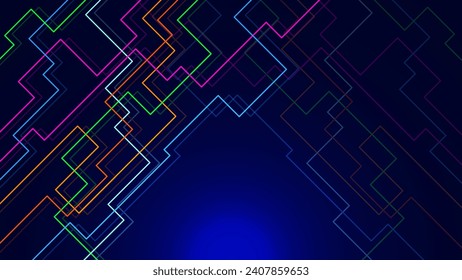 Abstract colorful geometric lines on dark blue background. Modern technology and electronic board concept design. Vector illustration.
