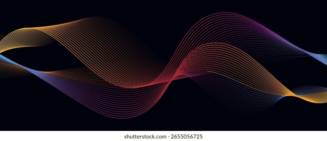 Linhas geométricas coloridas abstratas sobre fundo azul escuro. Padrão moderno de linhas de círculo de cor brilhante. ilustração vetorial