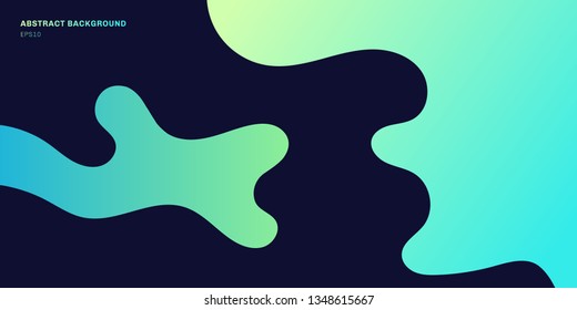 Abstract colorful geometric liquid dynamic on dark blue background. Fluid shapes composition with trendy green gradients. Vector illustration