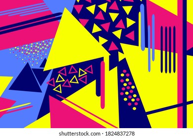 Abstract colorful geometric memphis style pattern. Pop art creative bright colors vector design, yellow, blue and purple color sharp lines, dots and triangles elements. Memphis colorful wallpaper