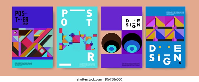 Abstract colorful geometric pattern background for poster design. Blue, yellow, red, orange, pink and green. Vector banner poster template in Eps10.