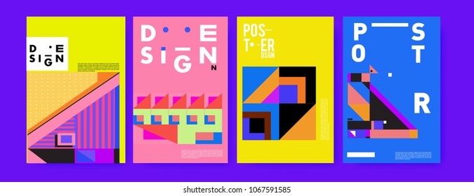 Abstract colorful geometric pattern background for poster design. Blue, yellow, red, orange, pink and green. Vector banner poster template in Eps10.