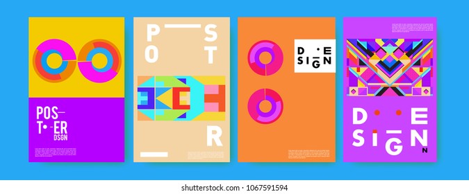 Abstract colorful geometric pattern background for poster design. Blue, yellow, red, orange, pink and green. Vector banner poster template in Eps10.
