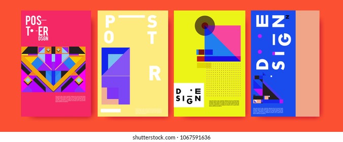 Abstract colorful geometric pattern background for poster design. Blue, yellow, red, orange, pink and green. Vector banner poster template in Eps10.