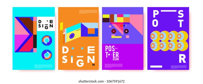 Abstract colorful geometric pattern background for poster design. Blue, yellow, red, orange, pink and green. Vector banner poster template in Eps10.