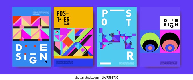 Abstract colorful geometric pattern background for poster design. Blue, yellow, red, orange, pink and green. Vector banner poster template in Eps10.