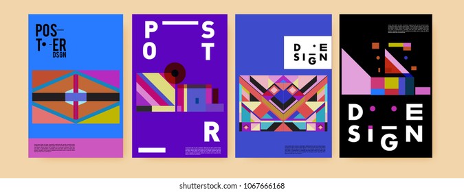 Abstract colorful geometric pattern background for poster design. Blue, yellow, red, orange, pink and green. Vector banner poster template in Eps10.