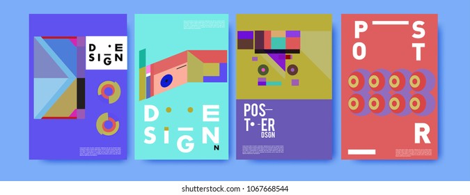 Abstract colorful geometric pattern background for poster design. Blue, yellow, red, orange, pink and green. Vector banner poster template in Eps10.