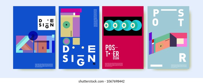 Abstract colorful geometric pattern background for poster design. Blue, yellow, red, orange, pink and green. Vector banner poster template in Eps10.