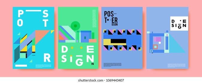 Abstract colorful geometric pattern background for poster design. Blue, yellow, red, orange, pink and green. Vector banner poster template in Eps10.