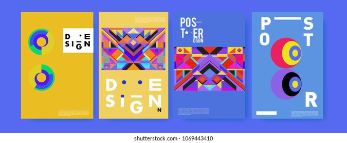 Abstract colorful geometric pattern background for poster design. Blue, yellow, red, orange, pink and green. Vector banner poster template in Eps10.
