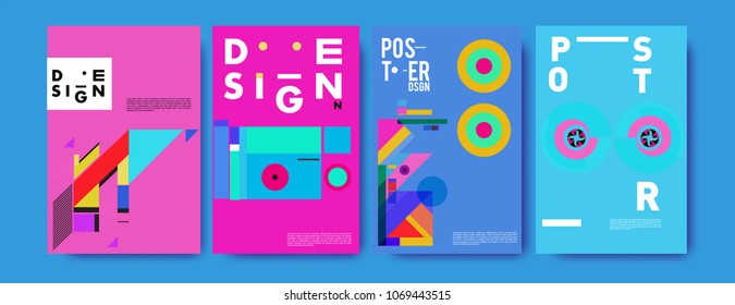Abstract colorful geometric pattern background for poster design. Blue, yellow, red, orange, pink and green. Vector banner poster template in Eps10.