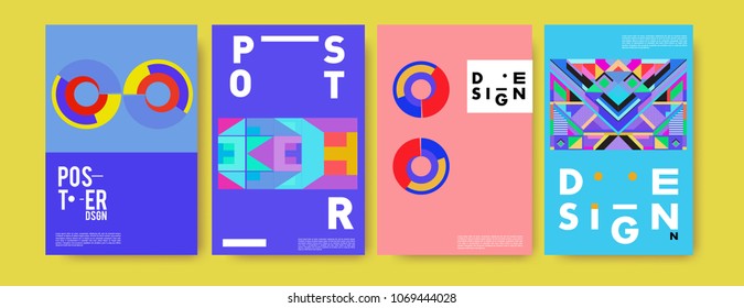 Abstract colorful geometric pattern background for poster design. Blue, yellow, red, orange, pink and green. Vector banner poster template in Eps10.