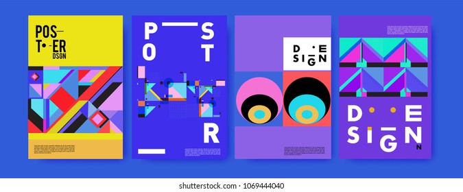 Abstract colorful geometric pattern background for poster design. Blue, yellow, red, orange, pink and green. Vector banner poster template in Eps10.