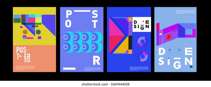 Abstract colorful geometric pattern background for poster design. Blue, yellow, red, orange, pink and green. Vector banner poster template in Eps10.